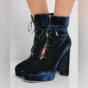 Jimmy Choo Navy Velvet Lace-Up Heeled Boots